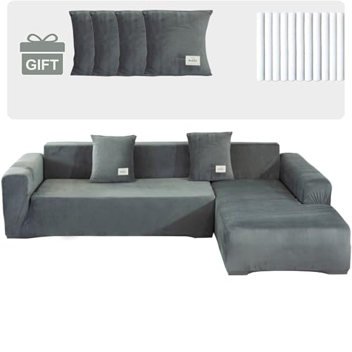 TOPCHANCES Sofabezug Ecksofa L Form Sofa Überwürfe Stretch Couchbezüge mit 4 Kissenbezügen Universal für 1/2/3/4 Sitzer Couch Cover Möbelbezug(3+3 Sitze,Hellgrau) von TOPCHANCES