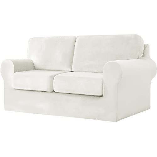 Topchances Sofabezug für 2 Sitzer mit 2 separaten Kissen und 2 Rückenlehnen, 5 Stück Stretch-Sofa-Schonbezug, Ersatz-Möbelschutz für Wohnzimmer (Weiß, 2 Sitzer) von TOPCHANCES