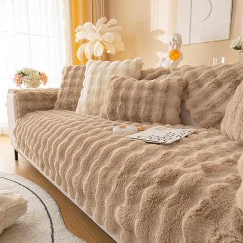 Weiche Plüsch Sofabezug Waschbar - Neue Rutschfeste Sofa überzug 1 2 3 4 Sitzer Couch überzug für Sektionssofa, Flauschiger Kunstpelz Sofa Sitzkissenbezug L Form Möbelschutz (Leichter Kaffee, 70x150) von TOPCHANCES
