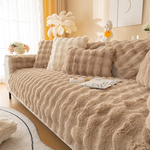 Weiche Plüsch Sofabezug Waschbar - Neue Rutschfeste Sofa überzug 1 2 3 4 Sitzer Couch überzug für Sektionssofa, Flauschiger Kunstpelz Sofa Sitzkissenbezug L Form Möbelschutz (Leichter Kaffee, 90x210) von TOPCHANCES