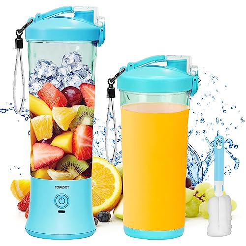 TOPESCT 600 ml Tragbarer Mixer Smoothie Maker, Mini Smoothie Mixer USB Wiederaufladbar, Starke Schneidleistung mit 6 Ultrascharfen Klingen für Reise, Büro & Sport (Blue) von TopEsct