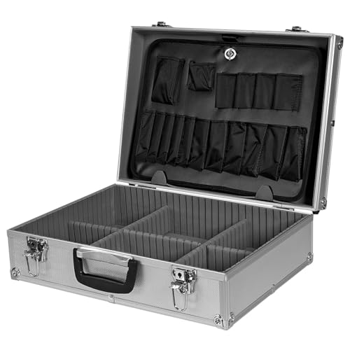 TOPEX Aluminiumkoffer, 45x15x32 cm, 2,4 kg, verstellbare Trennwände, Gummifüße, Stahlverschlüsse, 2 Schlüsselschlösser, herausnehmbarer Koffer, 17 Taschen, Schaumstofffüllung, verstärkte Kanten von TOPEX
