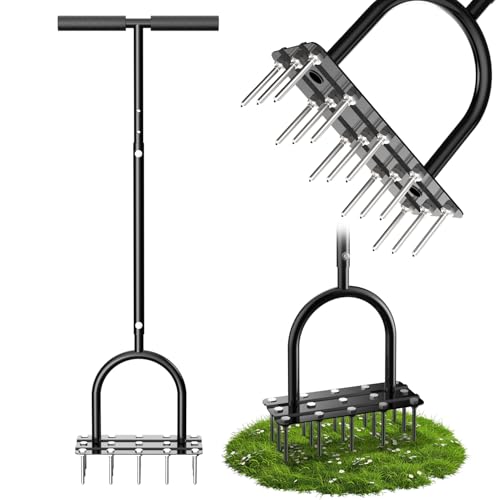 TOPHDY Rasenbelüfter Spike Tool - Manueller Grasbelüfter mit 15 Eisen-Spikes, vormontierter Hofbelüfter für Kernbelüftung, robuster T-Griff & breite Fußplatte für Rasen Hof & Garten (glänzendes von TOPHDY