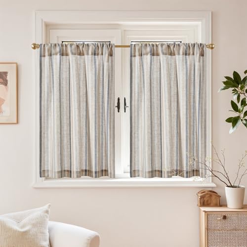 TOPICK 2er Set H 60 x B 65 (cm) Gestreifte Scheibengardinen Leinen Gardinen mit Streifen Küchenvorhang Blickdicht Kurz Küchengardinen für Küchen Esszimmer Badezimmer Klein Fenster Gemischte Blau von TOPICK