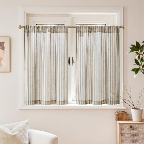 TOPICK 2er Set H 90 x B 65 (cm) Gestreifte Scheibengardinen Leinen Gardinen mit Streifen Küchenvorhang Blickdicht Kurz Küchengardinen für Küchen Esszimmer Badezimmer Klein Fenster Gemischte Grün von TOPICK