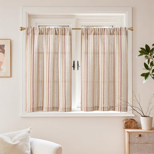 TOPICK 2er Set H 90 x B 65 (cm) Gestreifte Scheibengardinen Leinen Gardinen mit Streifen Küchenvorhang Blickdicht Kurz Küchengardinen für Küchen Esszimmer Badezimmer Klein Fenster Gemischte Rot von TOPICK