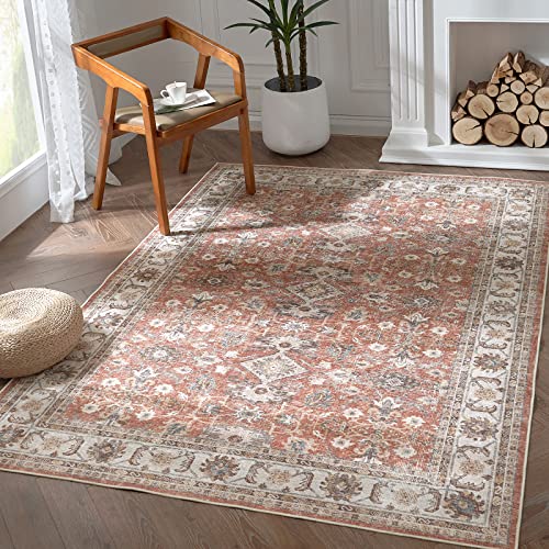 TOPICK Area Teppich Wohnzimmerteppich Vintage Blumenteppich rutschfest Faltbar Dünner Waschbar Läufer Bodenbelag für Innenbereich Büro Schlafzimmer Küche 180x270cm Ziegelrot von TOPICK