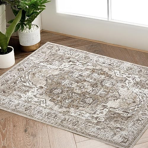 TOPICK Fußmatte Waschbar 60x90cm Braun Kurzflor Türmatte Vintage Innenbereich Faltbar Dünner Teppich Retro Distressed Multi Blumendruck Land Boho rutschfest Küche Schlafzimmer von TOPICK