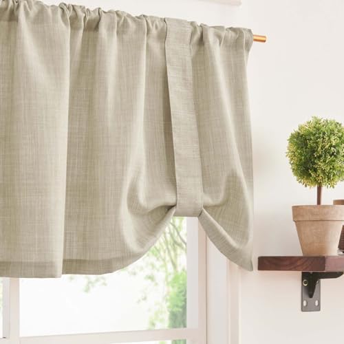 TOPICK Beige 1 Schal 45Hx132B cm Scheibengardine mit Raffbändern für Küche Badezimmer Klein Fenster Leinenoptik Gardine Gaze Schals Halbtransparent Wohnzimmer Landhaus mit Tunnelzug von TOPICK