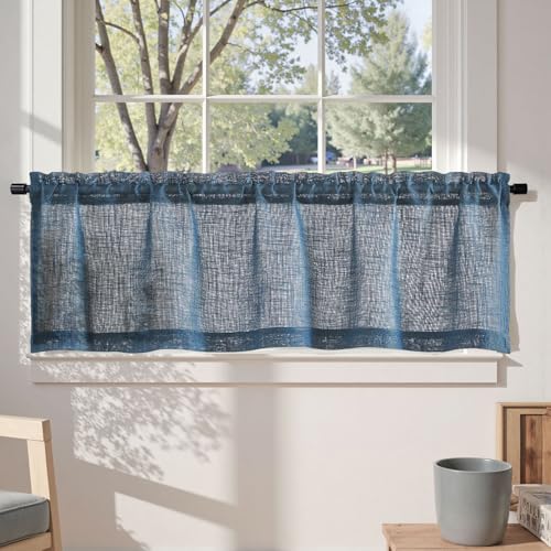 TOPICK Blau Bistrogardine Scheibengardine Halbtransparent Kurz Gardine Fensterschal für Küche Wohnzimmer Kleines Fenster Landhaus 130cm x 40cm(BxH) 1 Stück von TOPICK