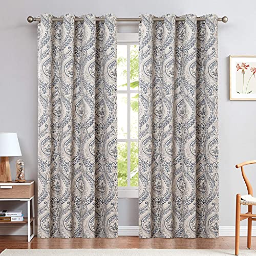 TOPICK Blau Blickdicht Vorhänge Wärmeisoliert Verdunkelungsvorhang mit Ösen Blumen Muster Vintage Leinenoptik Gardine Lichtdicht Thermovorhang für Wohnzimmer Schlafzimmer 2 Stück H245xB130cm von TOPICK