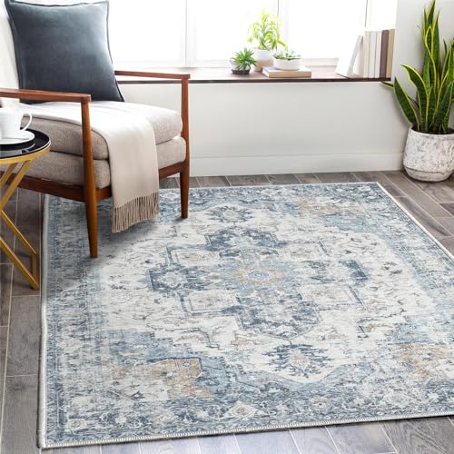 TOPICK Blau Läufer Flur Floral Teppich Waschbar Superdünne Vintage Blumenteppich Kurzflor Orientalischer Küchenteppich Schlafzimmer Wohnzimmer Esszimmer Büro Faltbar Teppichläufer 90x150cm von TOPICK