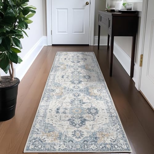 TOPICK Blau Läufer Flur Floral Teppich Waschbar Superdünne Vintage Blumenteppich Kurzflor Orientalischer Lang Küchenteppich Schlafzimmer Wohnzimmer Esszimmer Büro Faltbar Teppichläufer 60x210cm von TOPICK