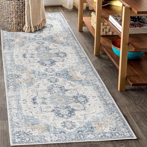 TOPICK Blau Läufer Flur Floral Teppich Waschbar Superdünne Vintage Blumenteppich Kurzflor Orientalischer Lang Küchenteppich Schlafzimmer Wohnzimmer Esszimmer Büro Faltbar Teppichläufer 60x300cm von TOPICK