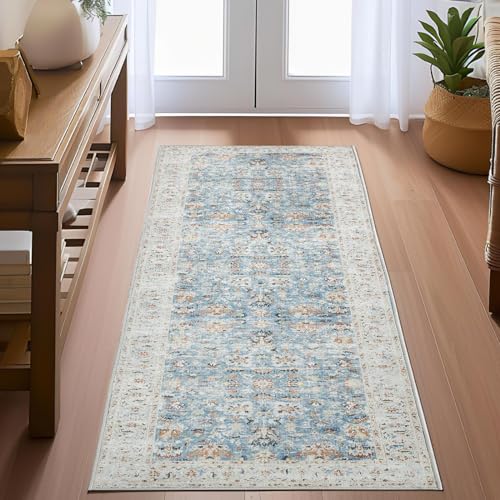 TOPICK Läufer 60x210cm Blau Teppich Waschbar Superdünne Vintage Blumen Perserteppich Kurzflor für Küche Schlafzimmer Wohnzimmer Floral Teppichläufer Antirutschunterlage Faltbar von TOPICK