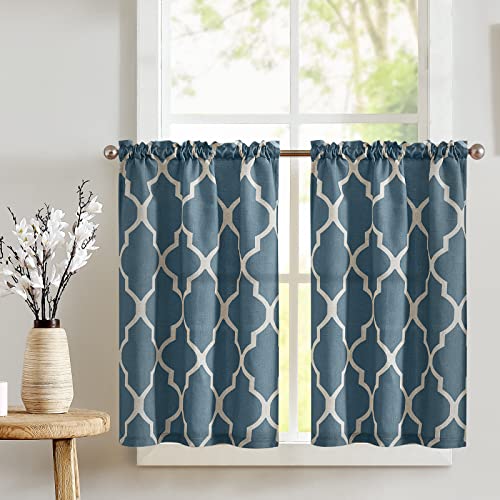 TOPICK Blau Scheibengardine Küche Vorhang Leinen Optik Bistrogardine Blickdicht Gardine Privatsphäre Gaze Schals Scheibengardinen Fensterschal für Wohnzimmer Landhaus 2er Set 65Bx90H (cm) von TOPICK
