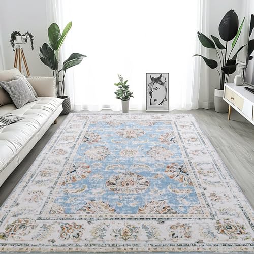 TOPICK Blau Teppich 120x180cm Wohnzimmer Waschbar Superdünne Vintage Blumen Kurzflor Lang Küche Schlafzimmer Wohnzimmer Mädchen Floral Antirutschunterlage Zusammenklappbar von TOPICK
