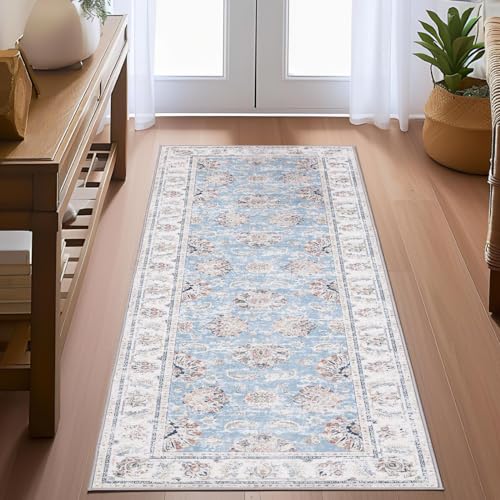 TOPICK Teppich Wohnzimmer Waschbar Superdünne Vintage Blumen Läufer Kurzflor Lang Küche Schlafzimmer Wohnzimmer Mädchen Floral Blau 60x210cm Teppichläufer Antirutschunterlage Zusammenklappbar von TOPICK