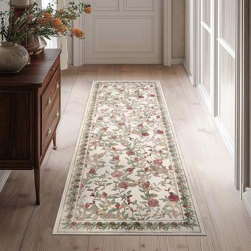 TOPICK Blume Flur Waschbar Küche Kurzflor Retro Vintage Rot-Grün Romantisch Teppich 90x150cm Antibakterieller Faltbar rutschfest Teppich für Brücken Schlafzimmer Wohnzimmer Flur Eingangsbereich von TOPICK