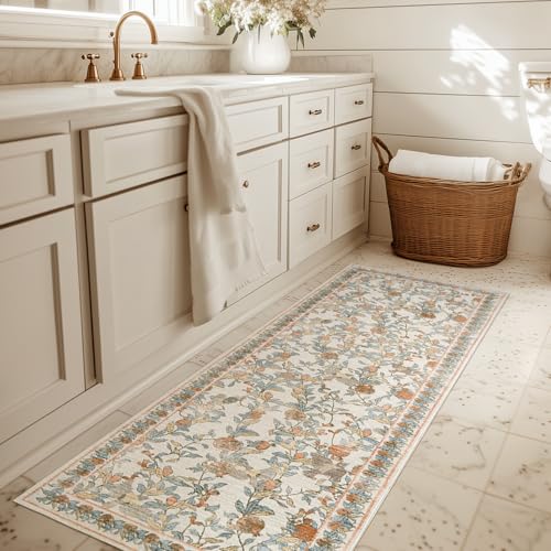 TOPICK Blumen Läufer Flur Waschbar Küche Läufer Kurzflor Vintage Orange-Blau Romantisch Teppich 60x210cm Antibakterieller Faltbar rutschfest Dünn Teppich für Brücken Schlafzimmer Wohnzimmer Flur TOPICK Blumen Läufer Flur Waschbar Küche Läufer Kurzflor Vintage Orange-Blau Romantisch Teppich 60x210cm Antibakterieller Faltbar rutschfest Dünn Teppich für Brücken Schlafzimmer Wohnzimmer Flur von TOPICK