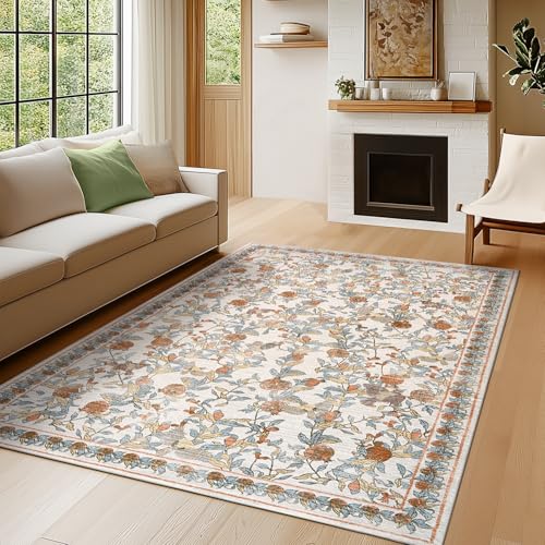 TOPICK Blumen Teppich Wohnzimmer Waschbar Kurzflor Retro Vintage Orange-Blau Romantisch Teppich 120x180cm Antibakterieller Faltbar Weich rutschfest Schlafzimmer Kinderzimmer Flur Badezimmer TOPICK Blumen Teppich Wohnzimmer Waschbar Kurzflor Retro Vintage Orange-Blau Romantisch Teppich 120x180cm Antibakterieller Faltbar Weich rutschfest Schlafzimmer Kinderzimmer Flur Badezimmer von TOPICK