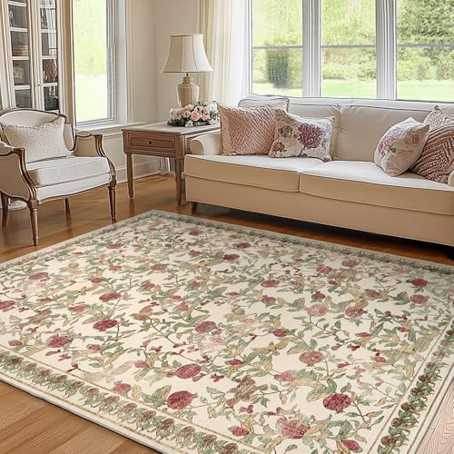TOPICK Blumen Teppich Wohnzimmer Waschbar Kurzflor Retro Vintage Rot-Grün Romantisch Teppich 120x180cm Antibakterieller Faltbar Weich rutschfest Schlafzimmer Kinderzimmer Flur Badezimmer von TOPICK