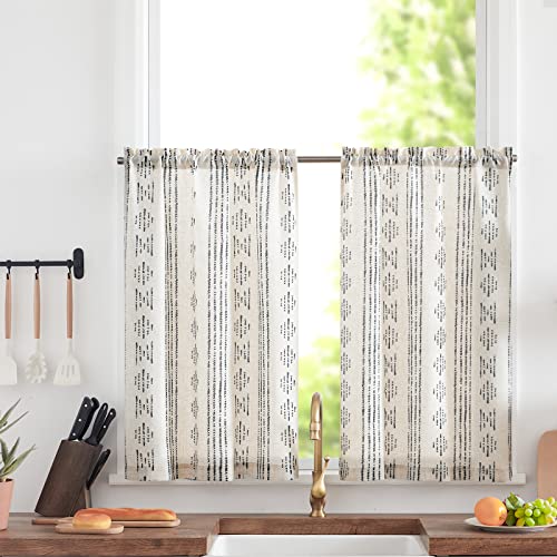 TOPICK Boho Gestreifte Küchen Scheibengardine Leinen 90cm Lang Bohemian Kurz Bistrogardine mit Streifen Lichtfilterung Küchengardinen für Esszimmer Badezimmer Klein Fenster Schwarze auf Beige 2er Set von TOPICK