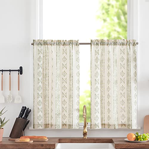 TOPICK Boho Gestreifte Küchen Scheibengardinen Leinen 90 cm Lang Bohemian Kurz Bistrogardine mit Streifen Lichtfilterung Küchengardinen für Esszimmer Badezimmer Klein Fenster Grün auf Beige 2er Set von TOPICK