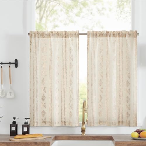 TOPICK Boho-Küchenvorhänge, Leinen, Stufenvorhänge, 61 cm Länge, böhmische Café-Vorhänge, gestreifte Vorhänge für Badezimmer, Wohnmobil, 2 Paneele, Taupe auf Beige von TOPICK