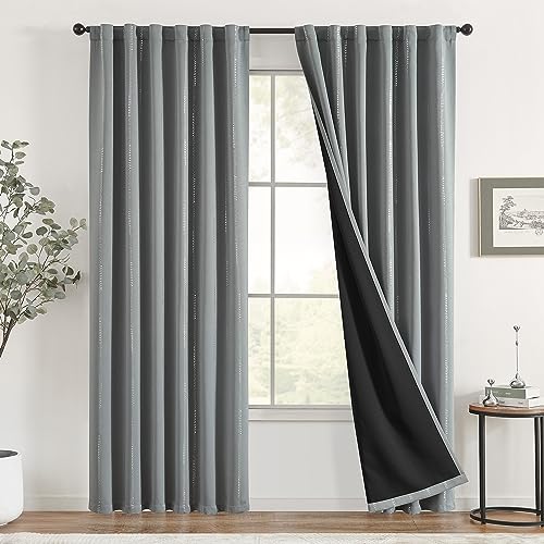 TOPICK Boho Verdunkelungsvorhänge Silber Punkte Folie Bedruckte Vorhänge mit Schlaufen hintere Verdunkelung Wärmeschutzvorhang Thermovorhang für Kinderzimmer Fenstervorhänge 2er Set 132 * 210 Grau von TOPICK