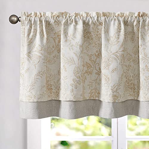 TOPICK Doppellagige Leinen Scheibengardine Geblümt Küche Vorhang Klein Fenstervorhang Blickdicht Floral Gardine Verdunklung Landhaus Stil Bistrogardine Rüschen für Bad 1 Schal 125x45cm Braun auf Beige von TOPICK