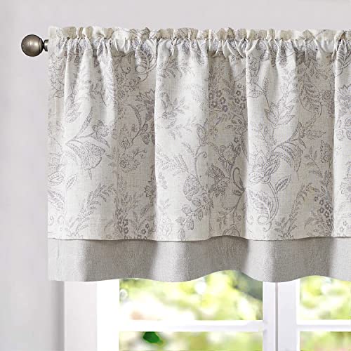 TOPICK Doppellagige Leinen Scheibengardine Geblümt Küche Vorhang Klein Fenstervorhang Blickdicht Floral Gardine Verdunklung Landhaus Stil Bistrogardine Rüschen für Bad 1 Schal 125x45cm Grau auf Beige von TOPICK