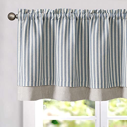 TOPICK Doppellagige Leinen Scheibengardine Streifen Küche Vorhang Klein Fenstervorhang Blickdicht Gestreift Gardine Verdunklung Landhaus Bistrogardine für Esszimmer 1 Stück 125x45cm Blau auf Beige von TOPICK