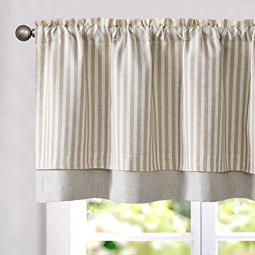 TOPICK Doppellagige Leinen Scheibengardine Streifen Küche Vorhang Klein Fenstervorhang Blickdicht Gestreift Gardine Verdunklung Landhaus Bistrogardine für Esszimmer 1 Stück 125x45cm Braun auf Beige von TOPICK