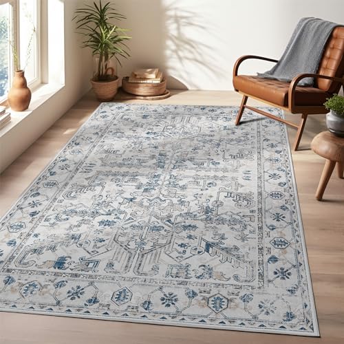 TOPICK Teppich Wohnzimmer 150x210 Blau Vintage Faltbar Dünner Waschbar Blumendruck rutschfest Leicht Teppiche Schlafzimmer von TOPICK