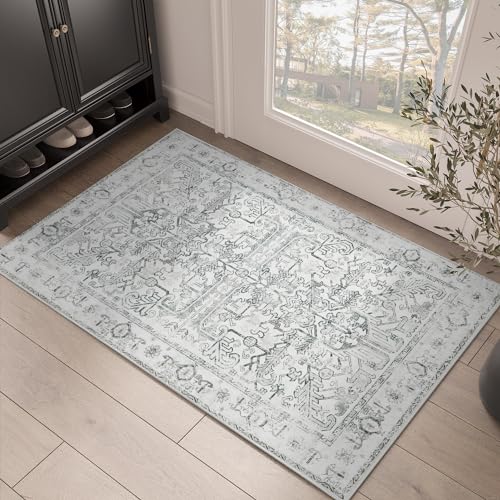 TOPICK FußMatte 60x90cm Grau Teppich Vintage Fussmatte Eingangsmatte Faltbar Dünner Waschbar Blumendruck Teppich Rutschfester für Haustür, Eingangs, Patio, Flur von TOPICK