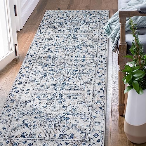 TOPICK Teppich Wohnzimmer 90x150 Blau Vintage Faltbar Dünner Waschbar Blumendruck rutschfest Leicht Teppiche Schlafzimmer von TOPICK