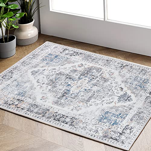 TOPICK Fußmatte 60 x 90 cm Eingangsbereich Teppich Orientalischer Teppich Vintage Faltbarer dünner Teppich Boden Eingang Matte Chenille Grau Multi Blumenmuster Used-Look Teppich Rutschfest Teppich von TOPICK