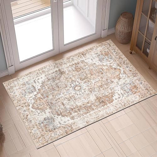 TOPICK Fußmatte 60x90cm Waschbar Fussmatte Innen Kurzflor Retro Ziegelort Blume Orientalischer Teppich Antibakterieller Faltbar rutschfest Dünn Türmatte für Haustür Eingangs Küche Schlafzimmer von TOPICK