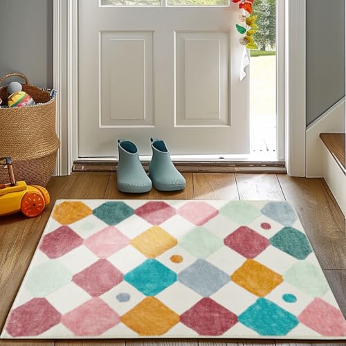 TOPICK Fußmatte Waschbar Fussmatte Innen Kurzflor Weich Modern Rauten Teppich 60x90cm Geometrischer Antibakterieller Faltbar rutschfest Türmatte für Haustür Eingang Küche Patio Kinderzimmer Konfetti von TOPICK