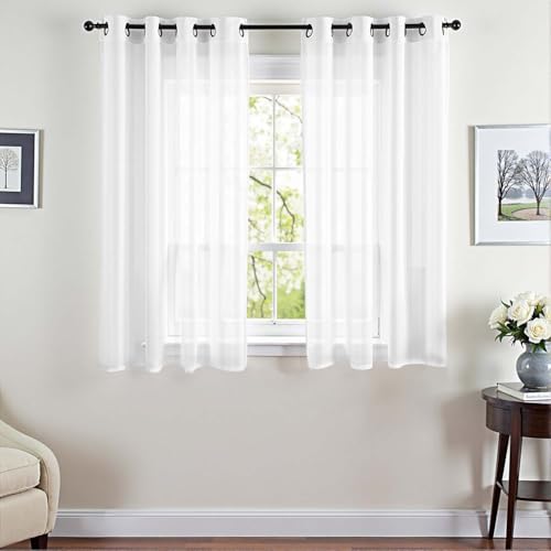 TOPICK Gardinen Kurz Fenster mit Ösen Gardinen Transparente Kurz Modern Vorhang Ösen Gestreifte Durchsichtig für Schlafzimmer Wohnzimmer kinderzimmer 2er Set 140Bx145H (cm) Weiß von TOPICK