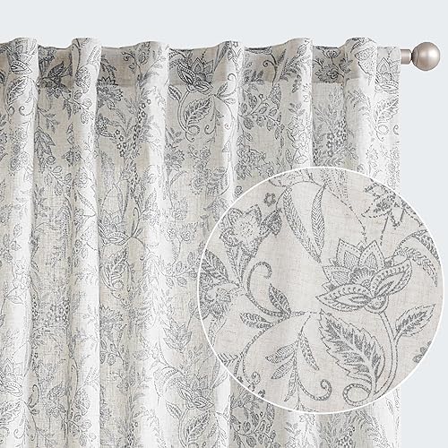 TOPICK Gardinen Leinen Vorhänge Blumen Bedruckt Wohnzimmer Gardine mit verdeckten Schlaufen Curtains Living Room für Schlafzimmer Landhaus Tür 2er-Set Grau auf Beige 140B x 175H(cm) von TOPICK