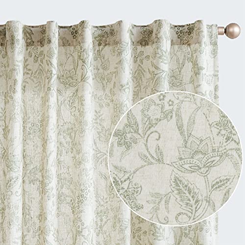 TOPICK Gardinen Leinen Vorhänge Blumen Bedruckt Wohnzimmer Gardine mit verdeckten Schlaufen Curtains Living Room für Schlafzimmer Landhaus Tür 2er-Set Grün auf Beige 140B x 175H(cm) von TOPICK