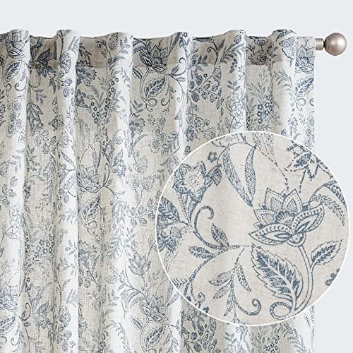 TOPICK Gardinen Leinen Vorhänge Blumen Bedruckt Wohnzimmer Gardine mit verdeckten Schlaufen Curtains Living Room für Schlafzimmer Landhaus Tür 2er-Set Blau auf Beige 140B x 145H(cm) von TOPICK