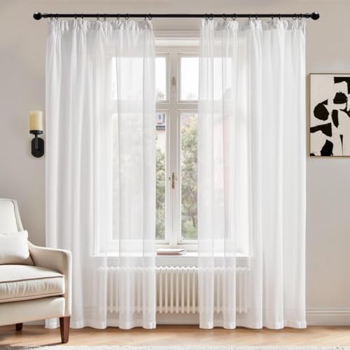 TOPICK Gardinen mit Kräuselband Gardinen Wohnzimmer Gardinenschals, H175xB140 cm Fenstergardinen Gardine Landhausstil Übergardinen Vorhänge Schlafzimmer Schlaufenschal 2er set Vorhang Transparent Weiß von TOPICK