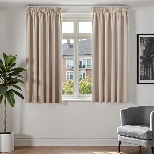 TOPICK Gardinen mit Kräuselband Verdunklungsvorhänge 100% Blickdicht Vorhänge Blickdicht Wohnzimmer Schlafzimmer Leinenoptik Thermovorhang, H145xB140 cm Übergardinen Gardine Landhausstil 2er set Beige von TOPICK