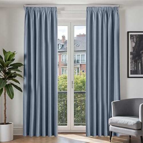 TOPICK Gardinen mit Kräuselband Verdunklungsvorhänge Vorhänge Blickdicht Wohnzimmer Schlafzimmer 100% Blickdicht, H225xB140 cm Vorhang Verdunklung Leinenoptik Gardine Landhausstil 2er Set Blau von TOPICK