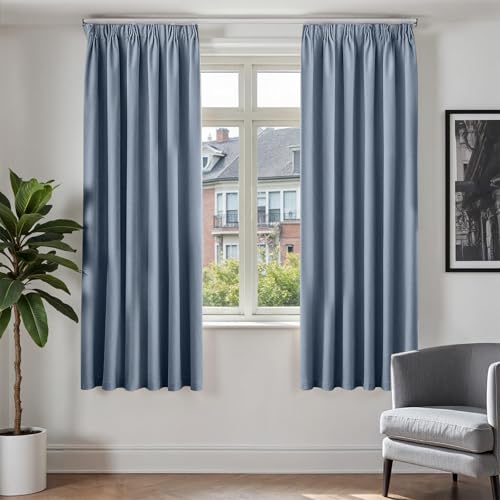 TOPICK Gardinen mit Kräuselband Verdunklungsvorhänge Vorhänge Blickdicht Wohnzimmer Schlafzimmer Leinenoptik 100% Blickdicht, H175xB140 cm Thermovorhang Fenstergardine Blackout Curtain Blau 2 Stücke von TOPICK