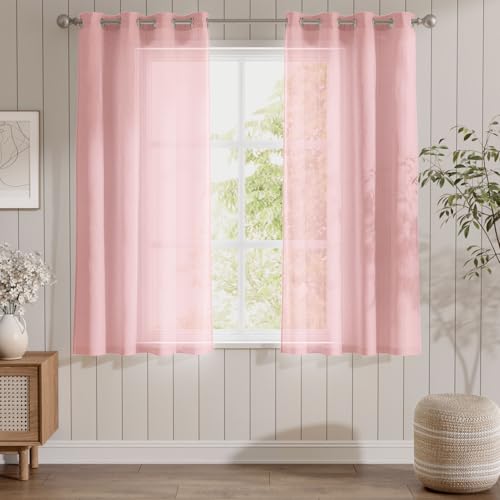 TOPICK Rosa Transparent Gardinen Voile Mit Ösen Gardine Vorhang Voile Kurz Sheer Vorhänge Gaze Paarig Ösenschals für Wohnzimmer Schlafzimmer Küche 160 cm x 140 cm(HxB) 2er - Set von TOPICK