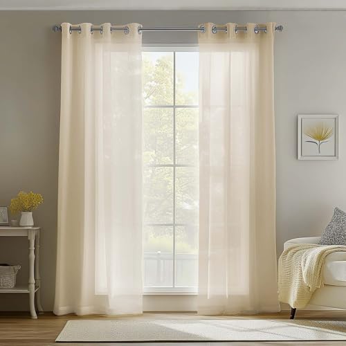 TOPICK Hell Beige Transparent Gardinen Voile Mit Ösen Gardine Vorhang Voile Kurz Sheer Vorhänge Gaze Paarig Ösenschals für Wohnzimmer Schlafzimmer Küche 210 cm x 140 cm(HxB) 2er - Set von TOPICK